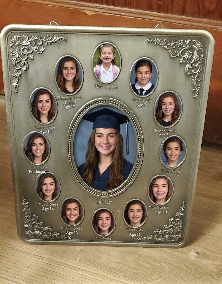 Vintage ESC Pewter School Years Picture Frame 12x10 Heavy Metal Collage K-12