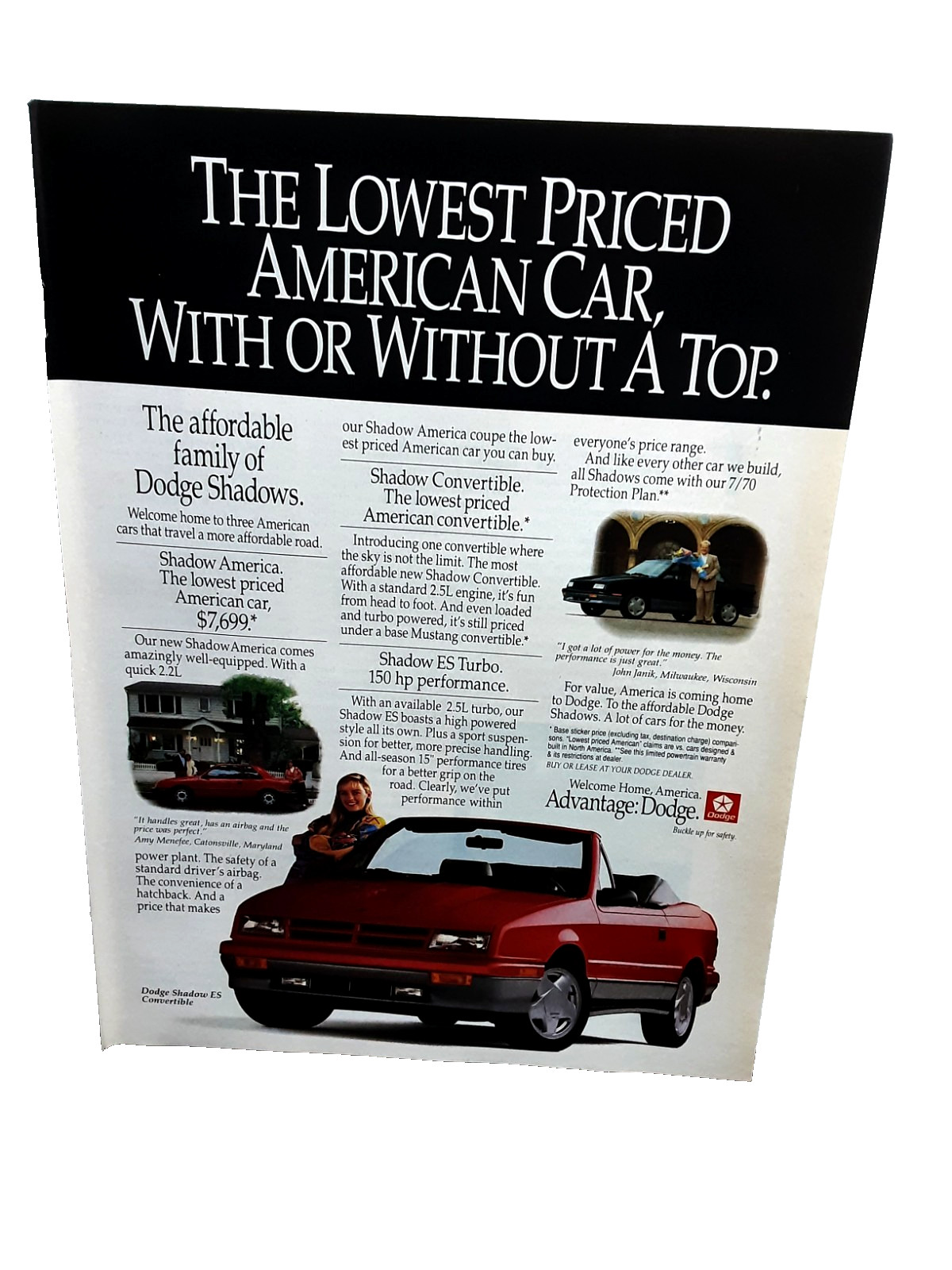 Vintage 1991 Dodge Shadow ES Turbo Ad Original Magazine Page Convertible Coupe