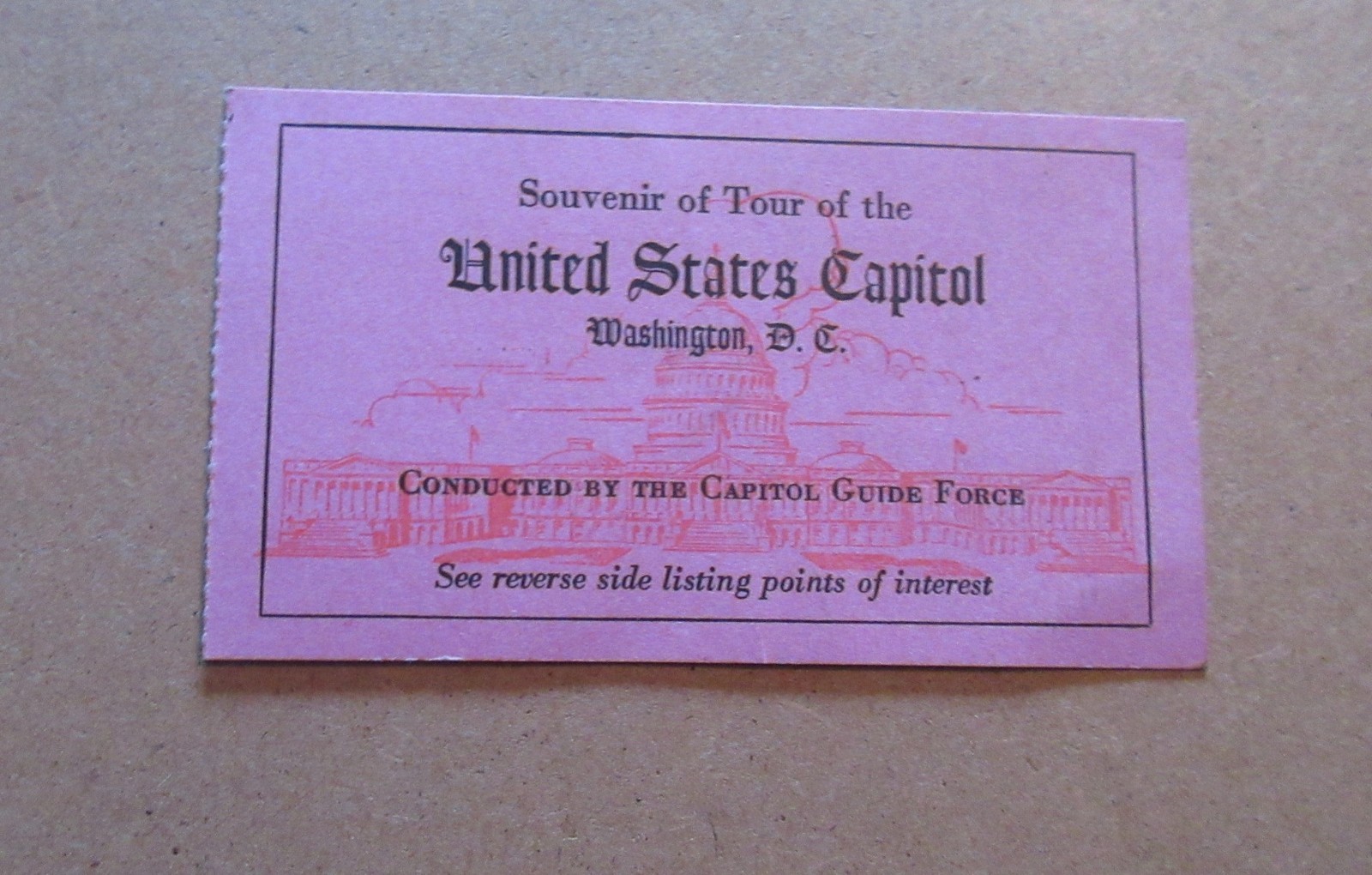 SOUVENIR OF TOUR OF THE UNITED STATES CAPITOL ticket stub VINTAGE