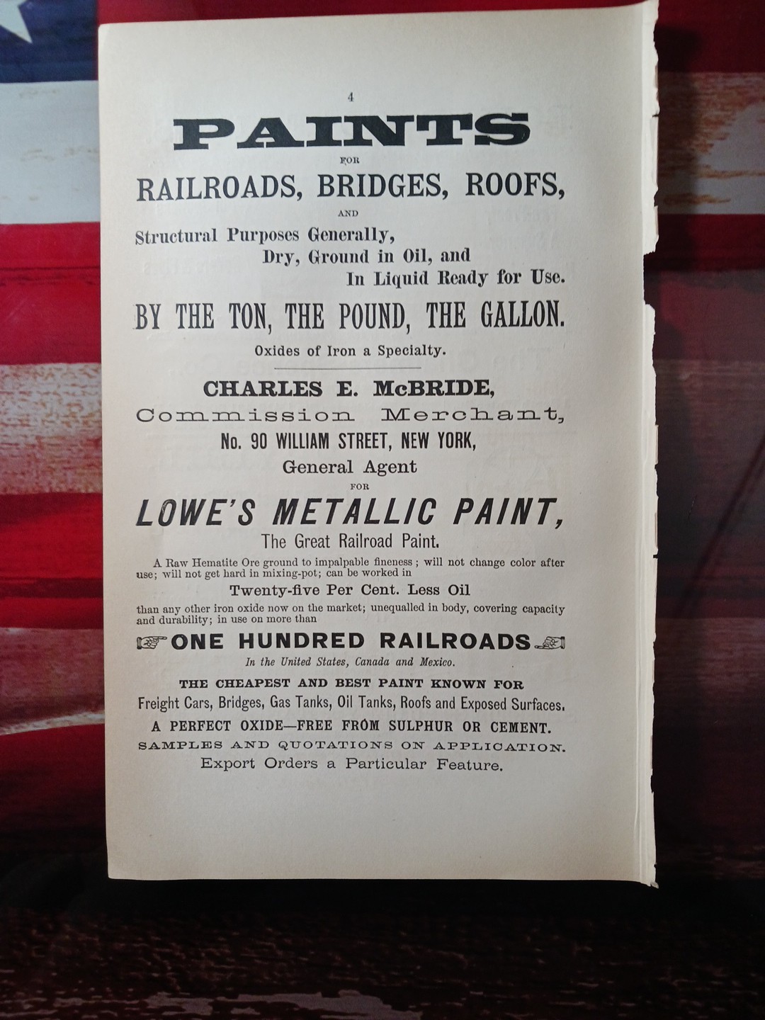 ~1884 Print Ad LOWE\'S METALLIC PAINT Great Railroad Paint Charles McBride NYC