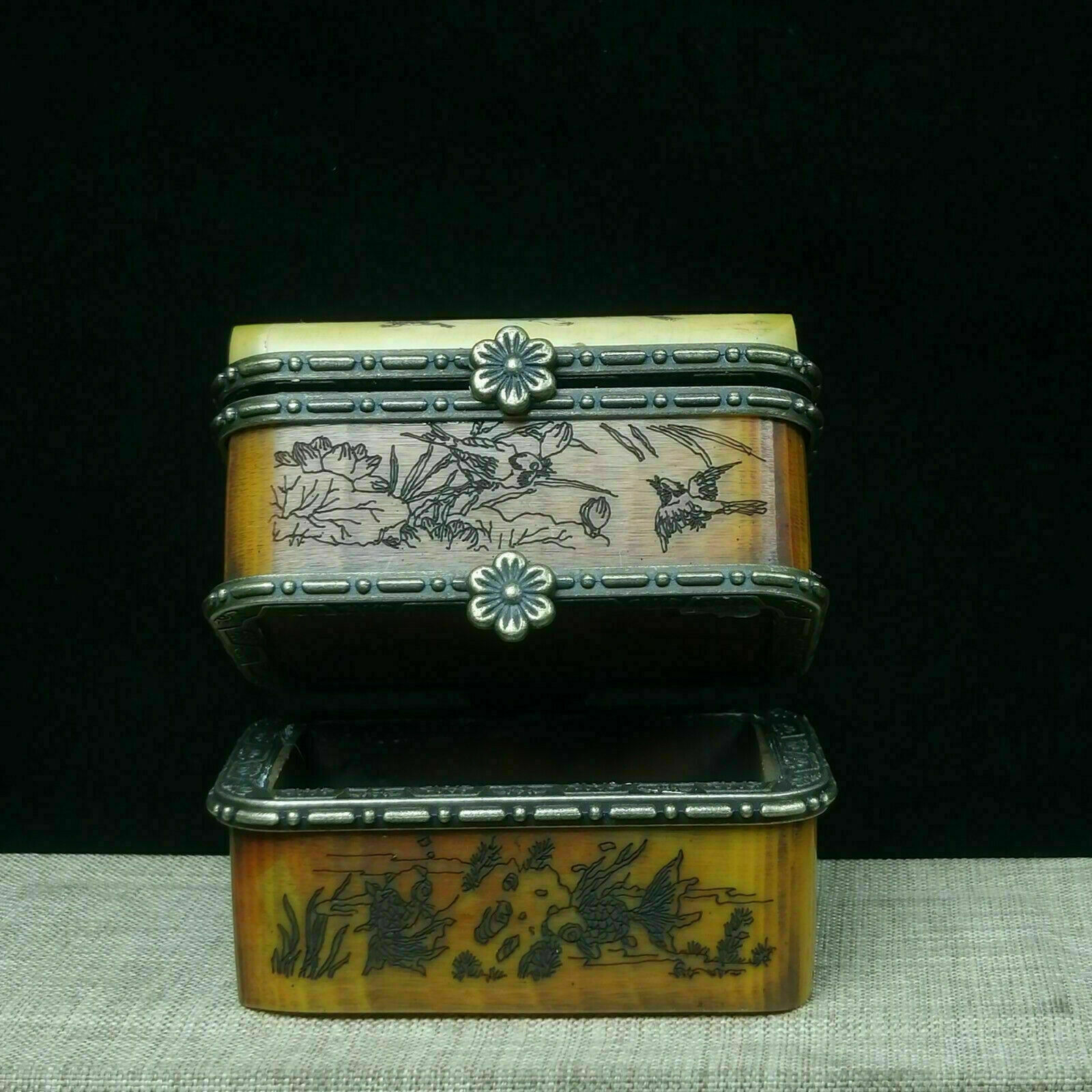 Rare Small Unique Vintage Antique Camel Bone Plum Trinket Jewelry Box