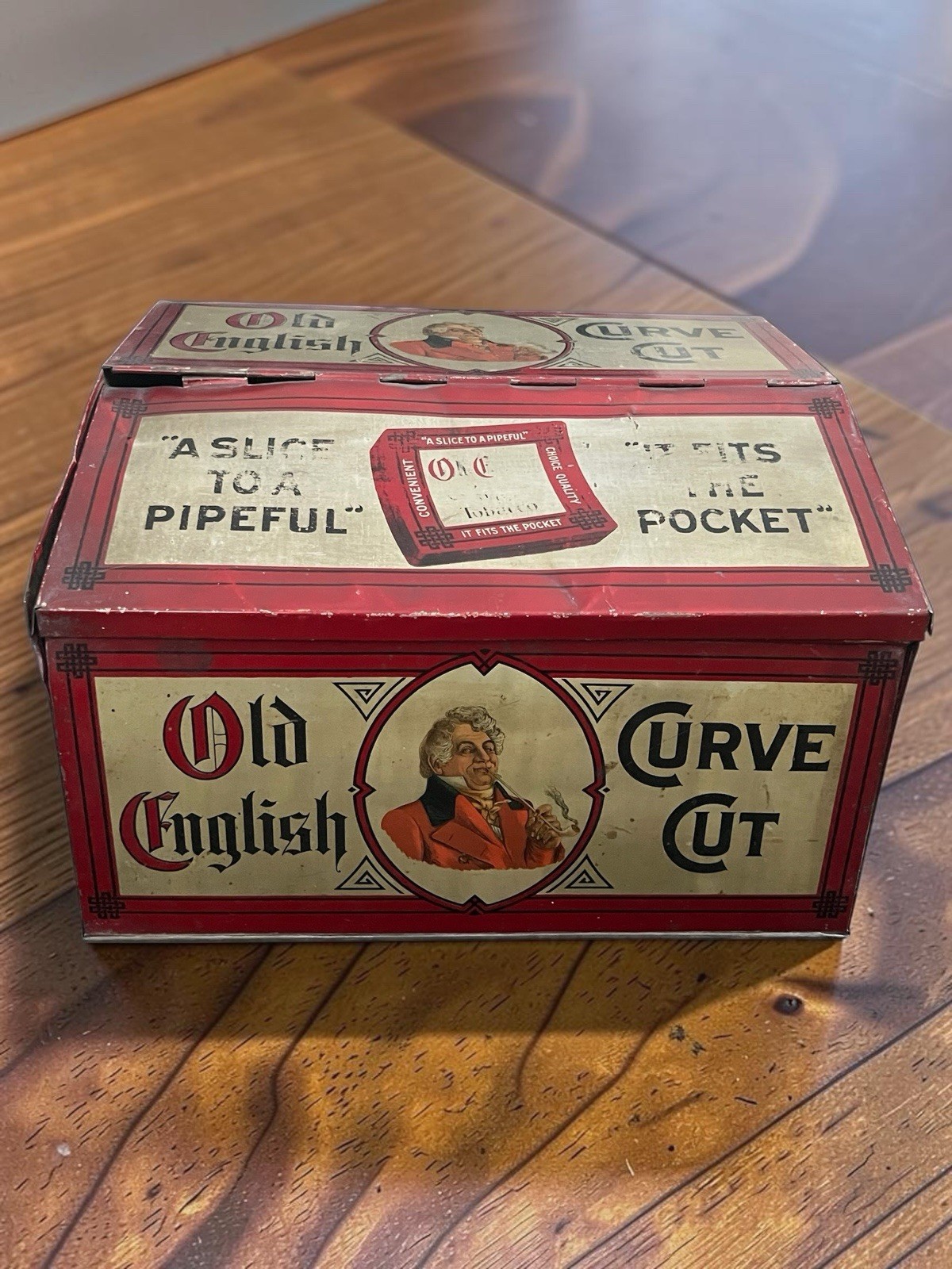 Vintage Old English Curve Cut Pipe Tobacco Tin Counter Display Humidor Store Box