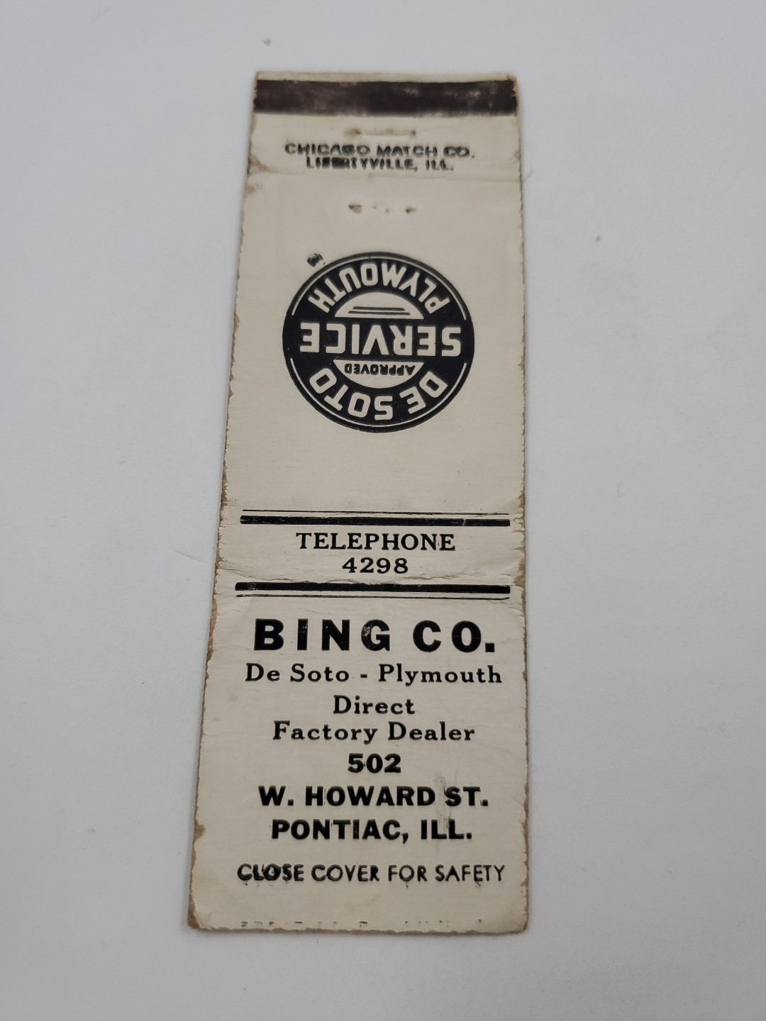 Bing Co. Desoto  Plymouth Dealer Pontiac Illinois Matchbook Cover