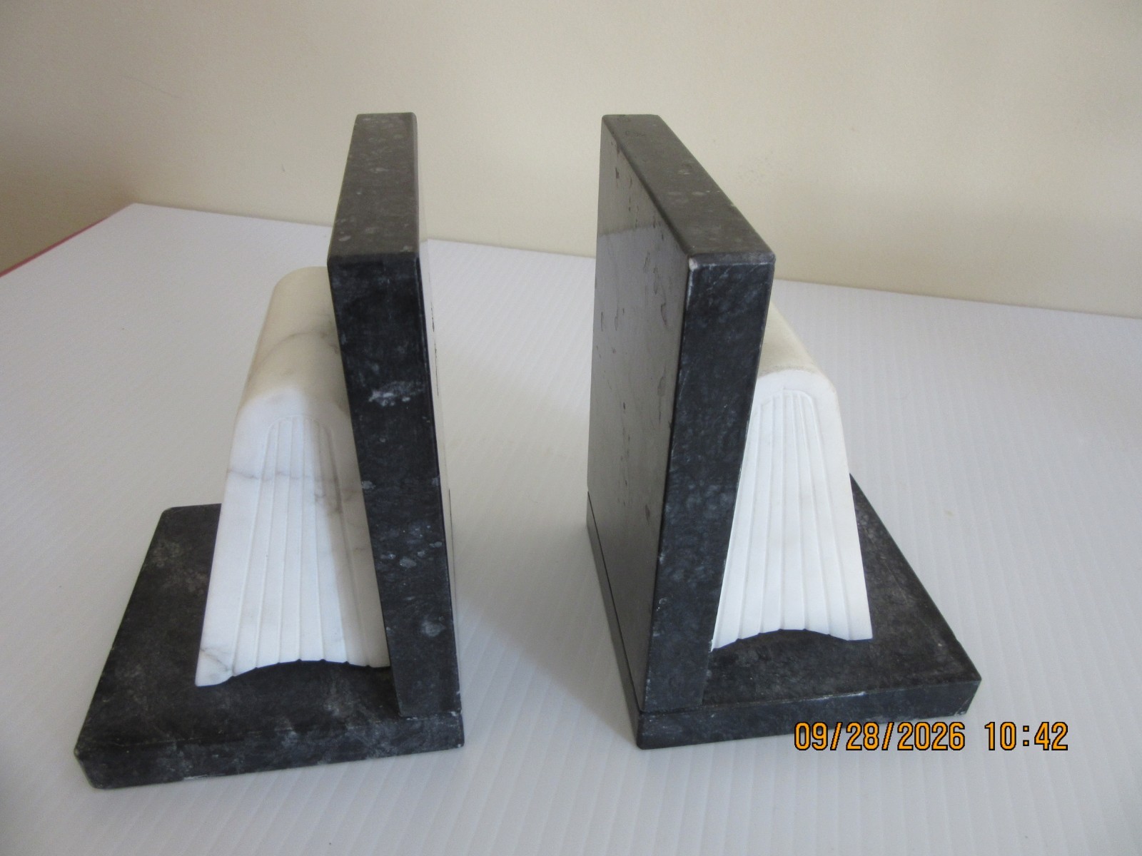 Vintage Genuine Black Marble Bookends - White  Onyx Books Made In Italy