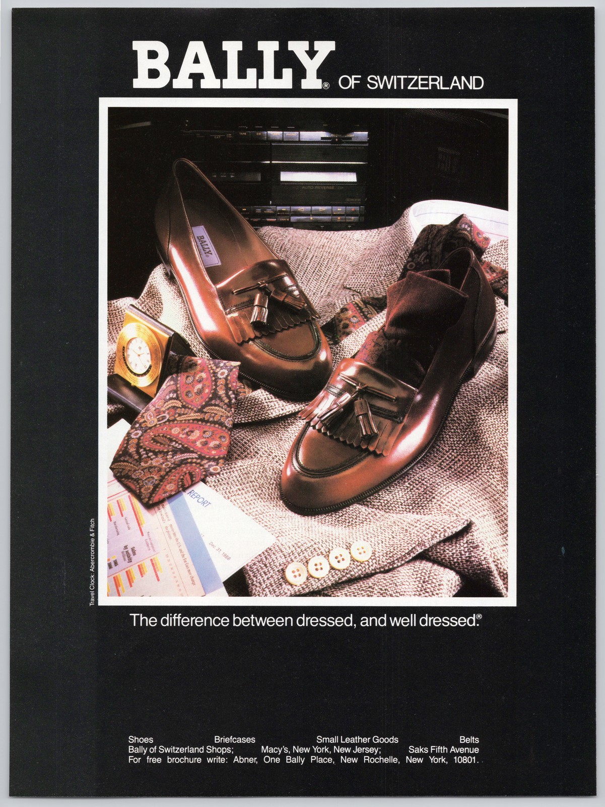 Bally of Switzerland Shoes Briefcase Abercrombie Clock 1988 Print Ad