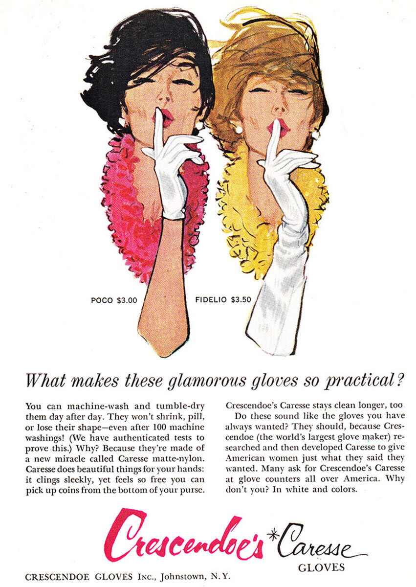 1961 Crescendoe Caresse Gloves: Glamorous Gloves Vintage Print Ad