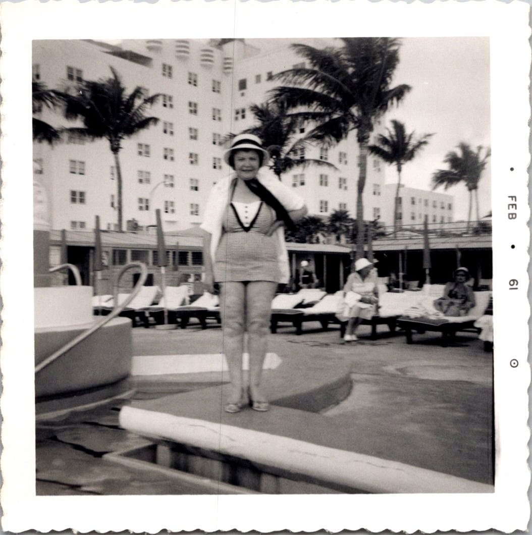 Vintage 1961 Photo Woman Swimsuit Miami Beach Florida Poolside Hotel Palm Trees