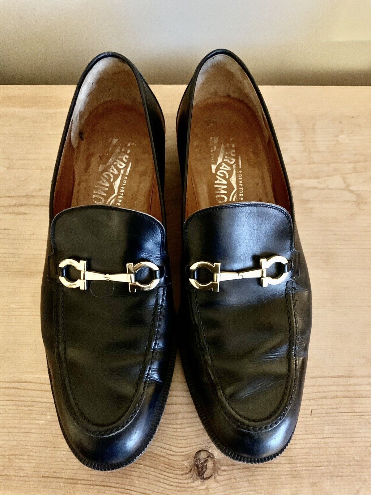 Salvatore Ferragamo Studio Black Leather Men\'s Signature Moc Toe Shoes Sz 8.5 D