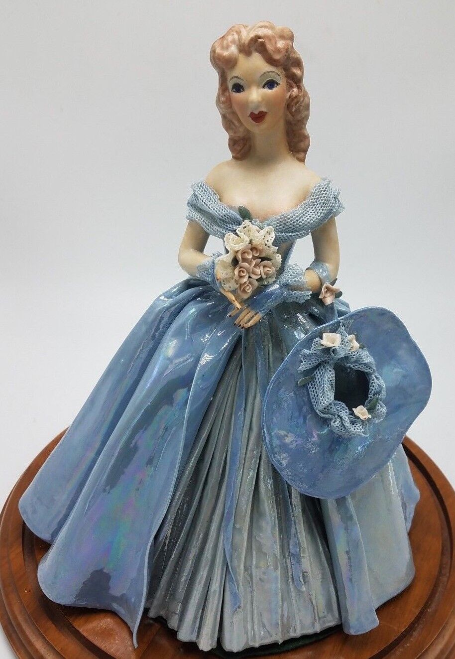 Vintage Handmade Ceramic Woman Figurine in Blue Dress with Hat