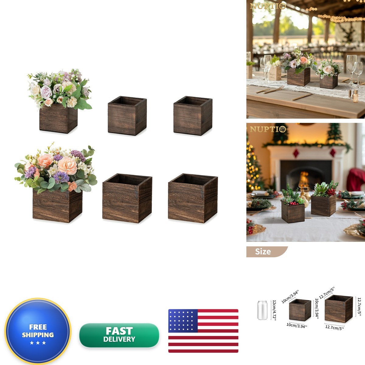 NUPTIO Small Wooden Box Centerpiece Brown Square 4\