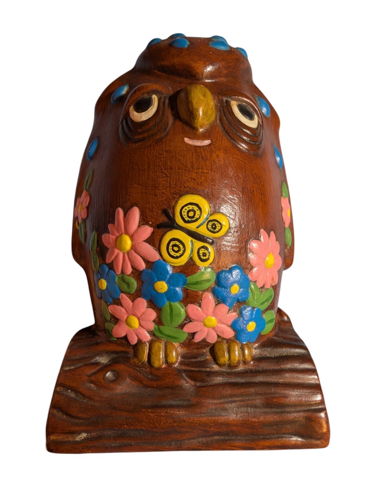 RARE Vtg Kitchy 60s Funky Owl Coin Bank W/ Original Stopper Hand painted