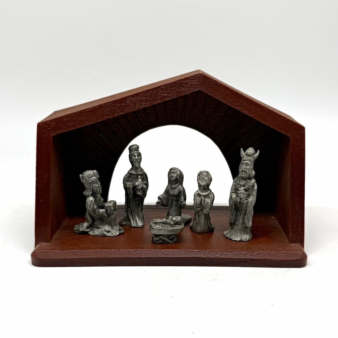 Vintage 1982 Spoontiques Pewter Nativity Set 6 Figures Wood Creche Manger Decor