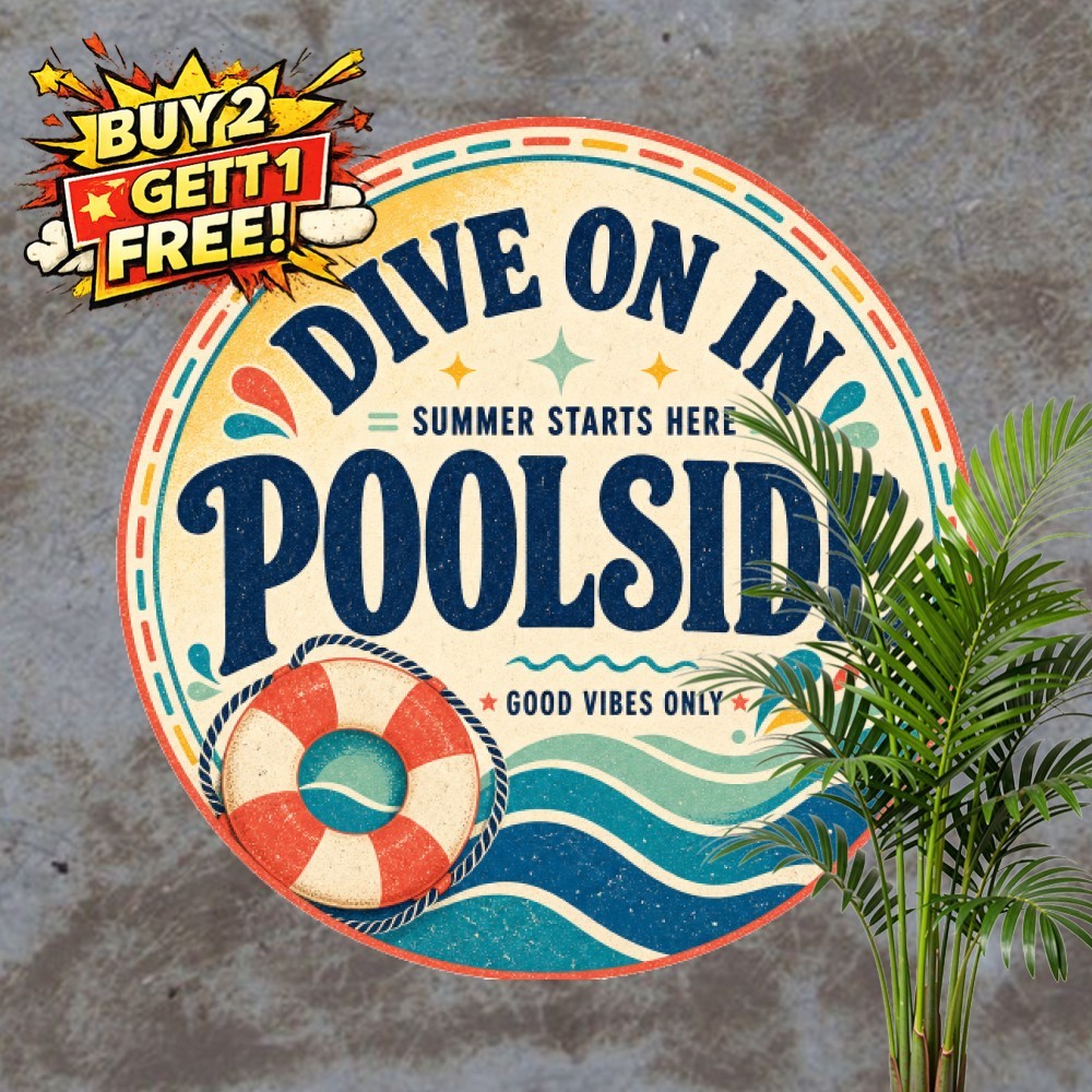 Poolside Paradise Welcome Plaque Retro Summer Round Metal Tin Sign 8x8 In