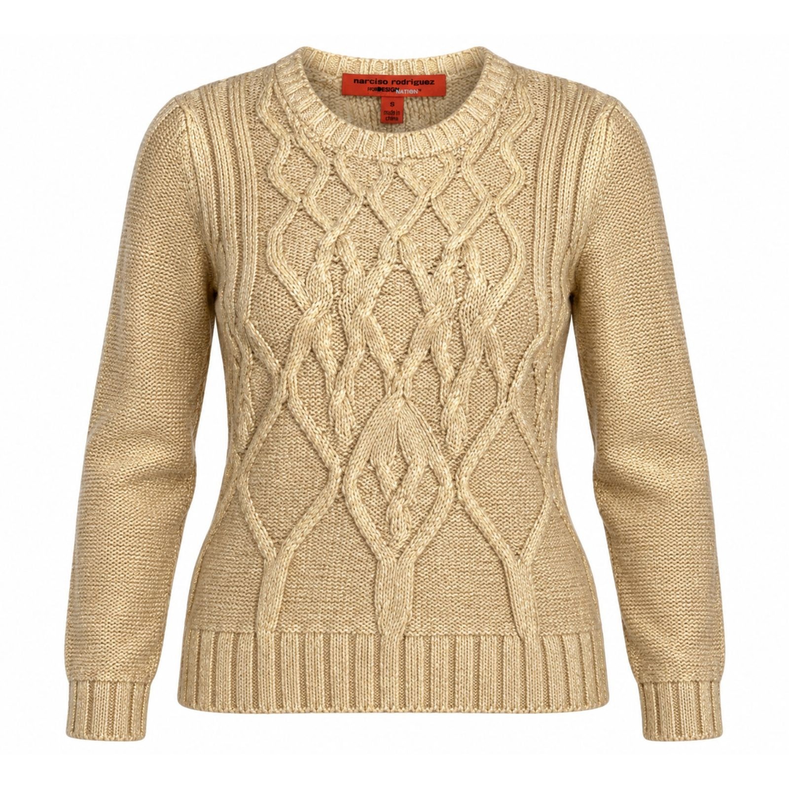 Narciso Rodriguez for Design Nation Natural Gold Metallic Cable Knit Sweater
