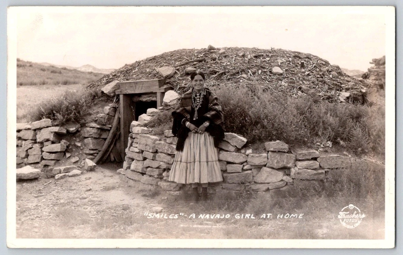 ​Vtg Frashers Fotos RPPC Postcard Smiles A Navajo Girl At Home Hogan Arizona NM