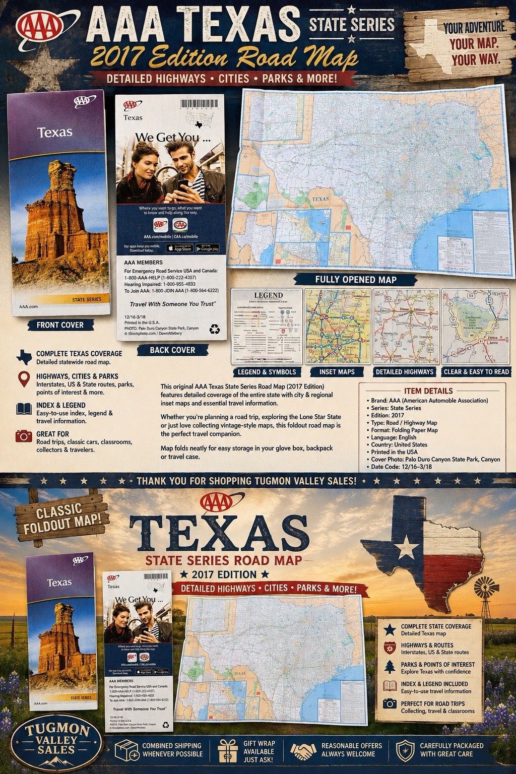 AAA Texas State Road Map 2017 Edition Foldout Highway Travel Map Palo Duro