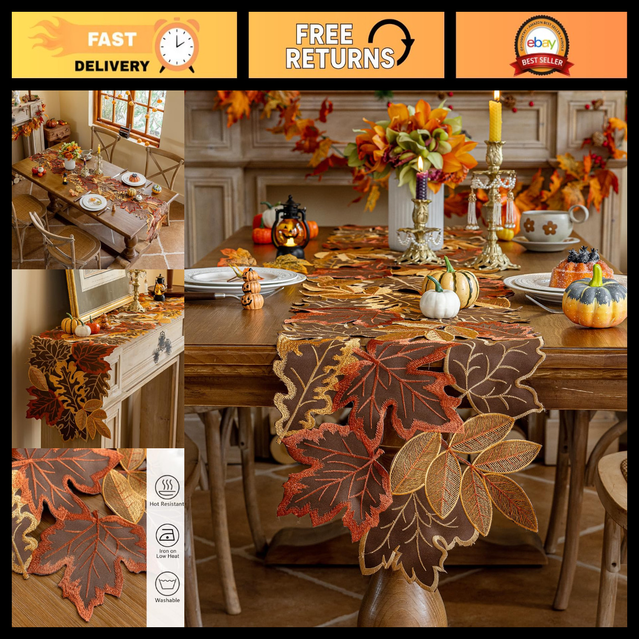 Fall Thanksgiving Table Runner 14 x 86 Inches, Cutwork Embroidered Brown Maple L