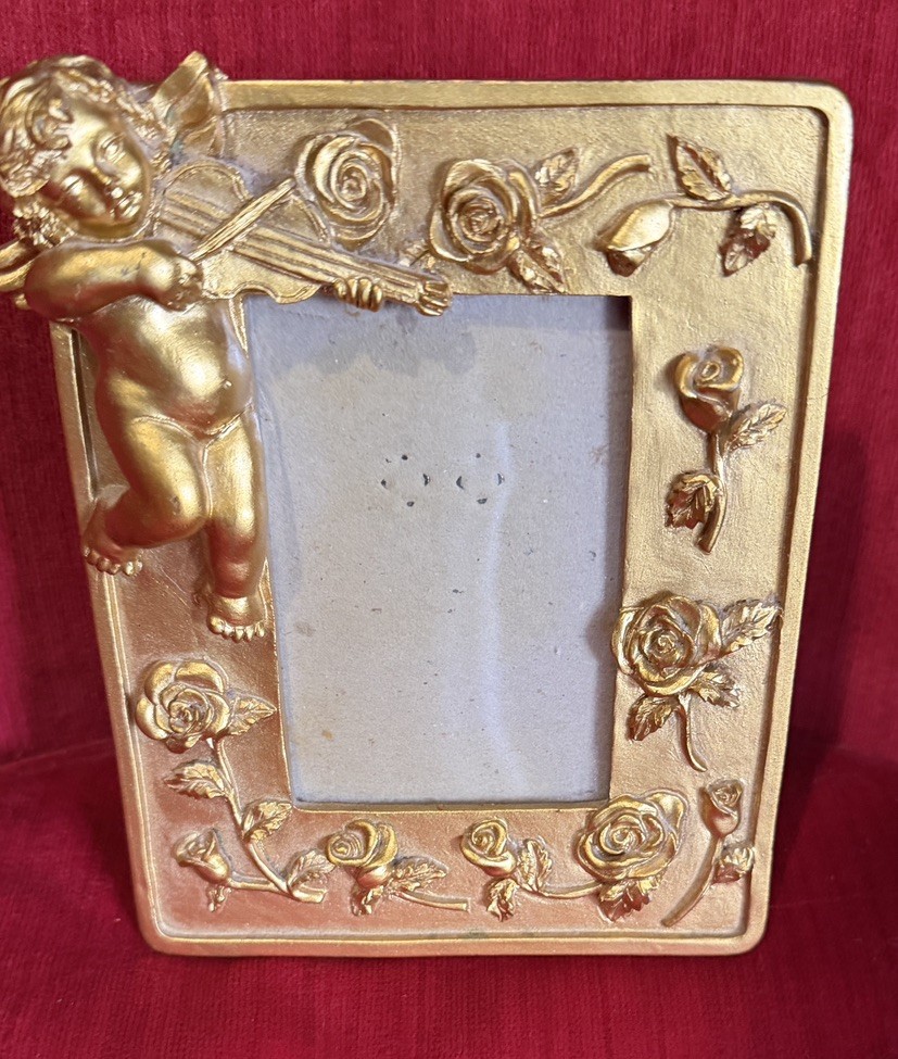 Gold Cherub Angel Picture Frame 2.5x4.5 Resin Roses Violin Rococo Baroque Decor