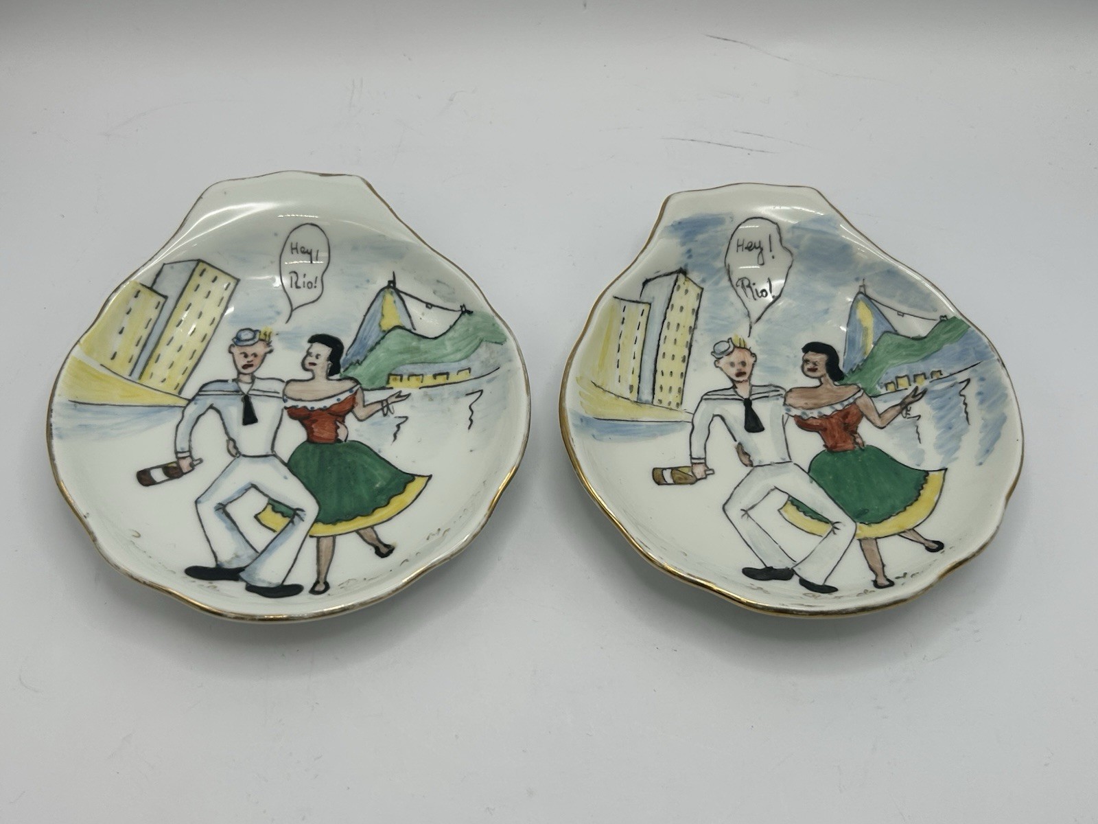 2 Vintage Hand Painted Popeye & Olive Oil Ceramic Ashtrays with 24 Karat Gold