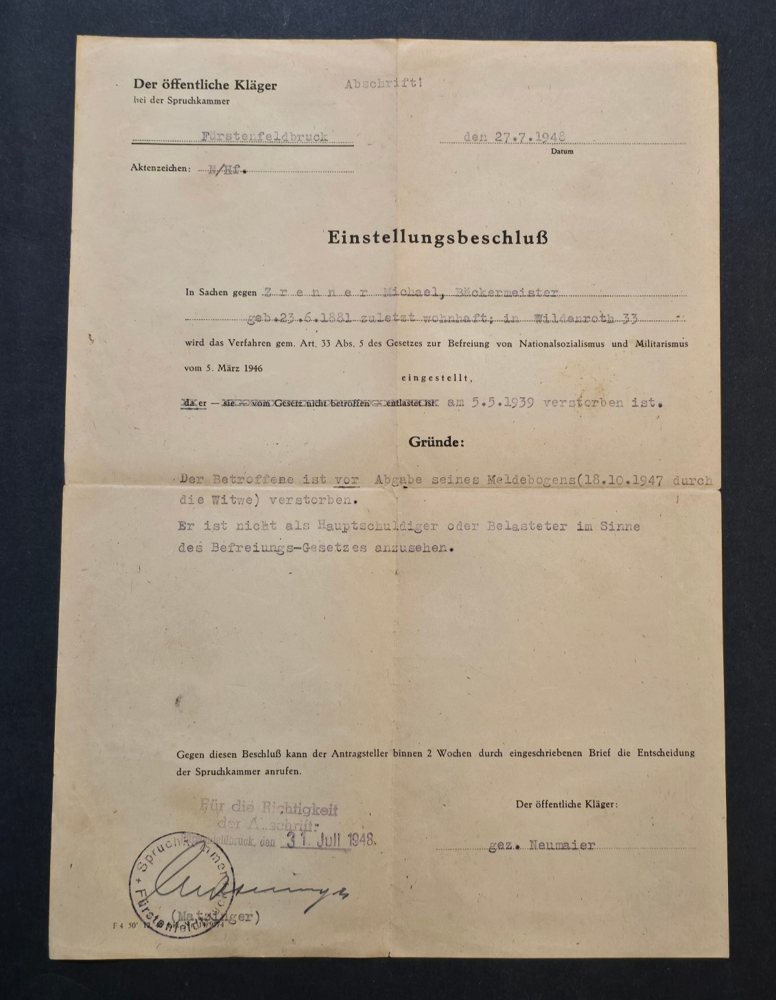 WWII Era German Denazification Document Certificate 1948 Spruchkammer Stuttgart