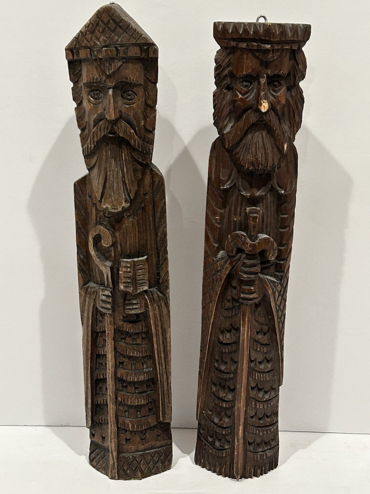 2 Antique Vintage Carved Gothic Revival Style Bearded Priest Figures