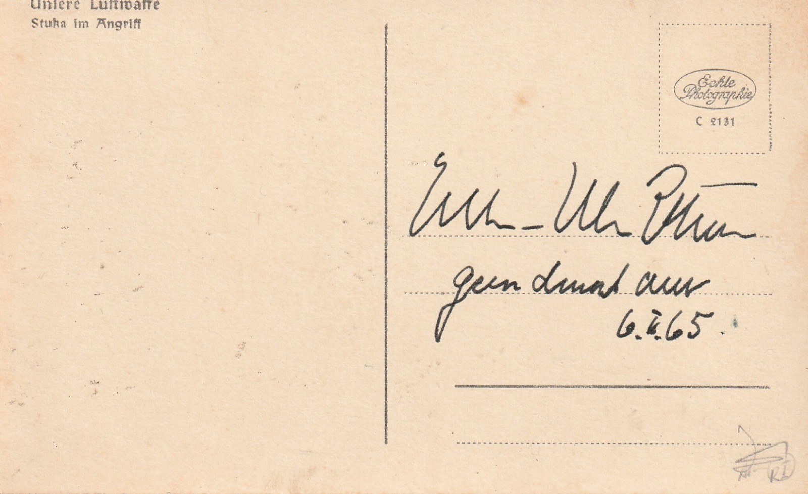 Vintage postcard of Stuka signed on reverse by Oberst Hans-Ulrich Rudel