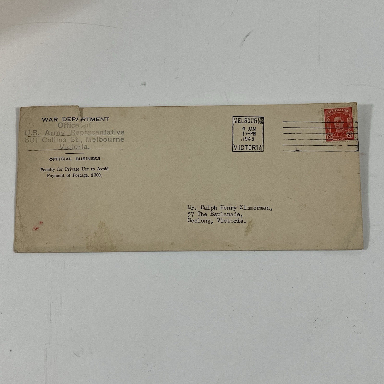 War Department US Army Melbourne Australia Mail Envelope Jan 1945 WW2