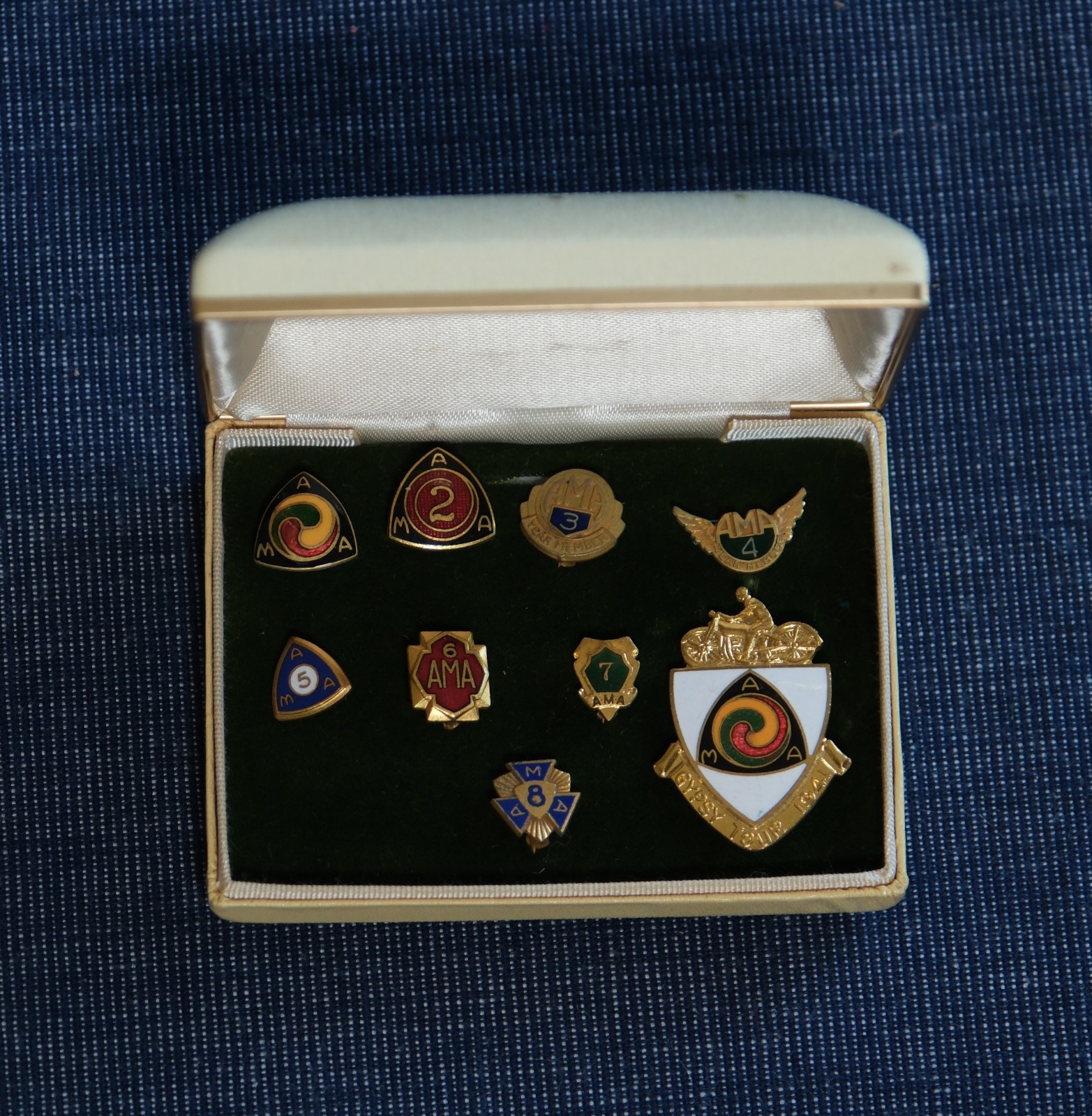 Vtg 1940's 1941 AMA Motorcycle Gypsy Tour 9 Pin Group Box Harley Indian Club Hat