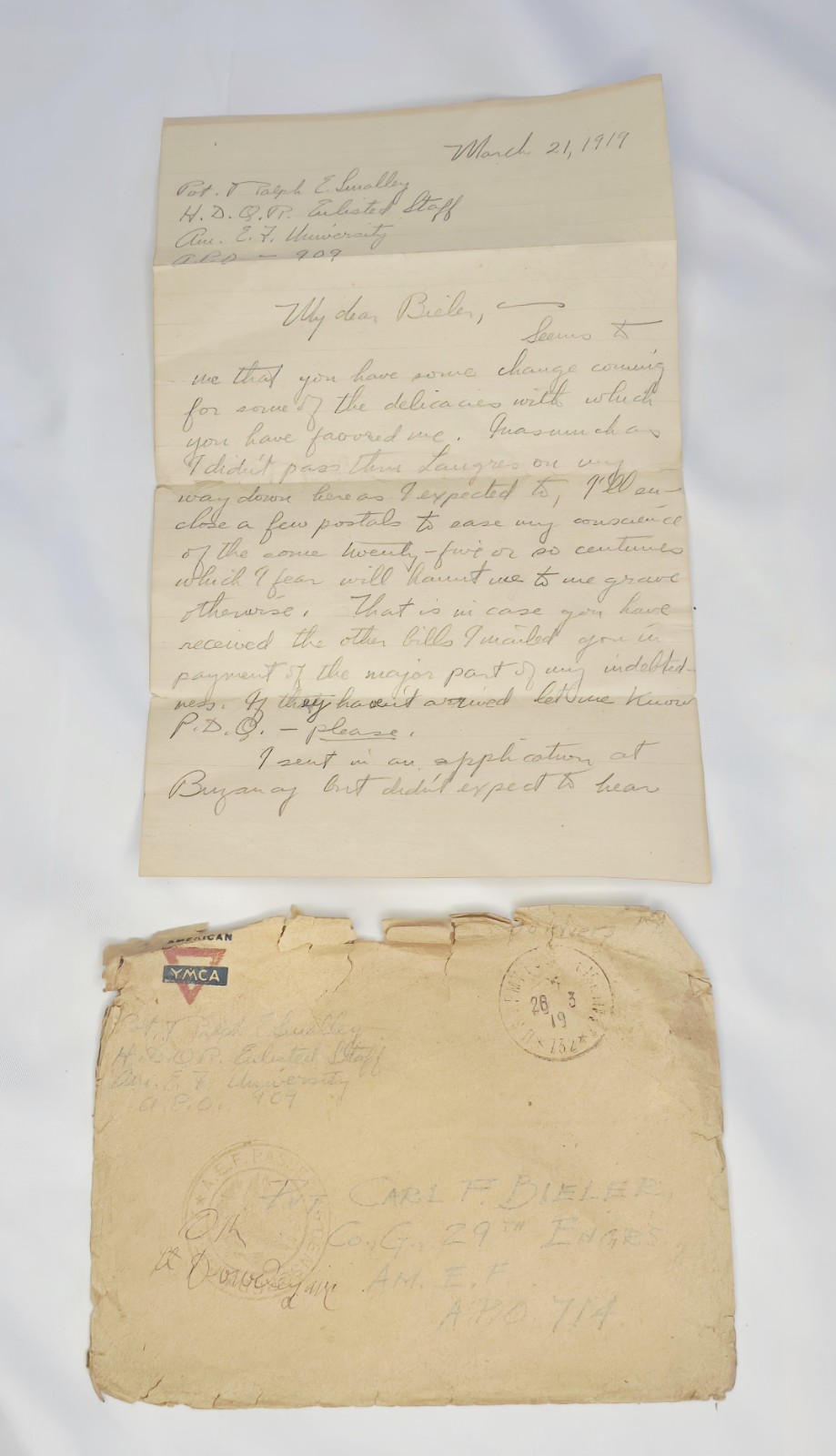 1919 Soldiers Letter Post WWI Pvt. Ralph E. Quidley -Base Bull Newspaper Mention