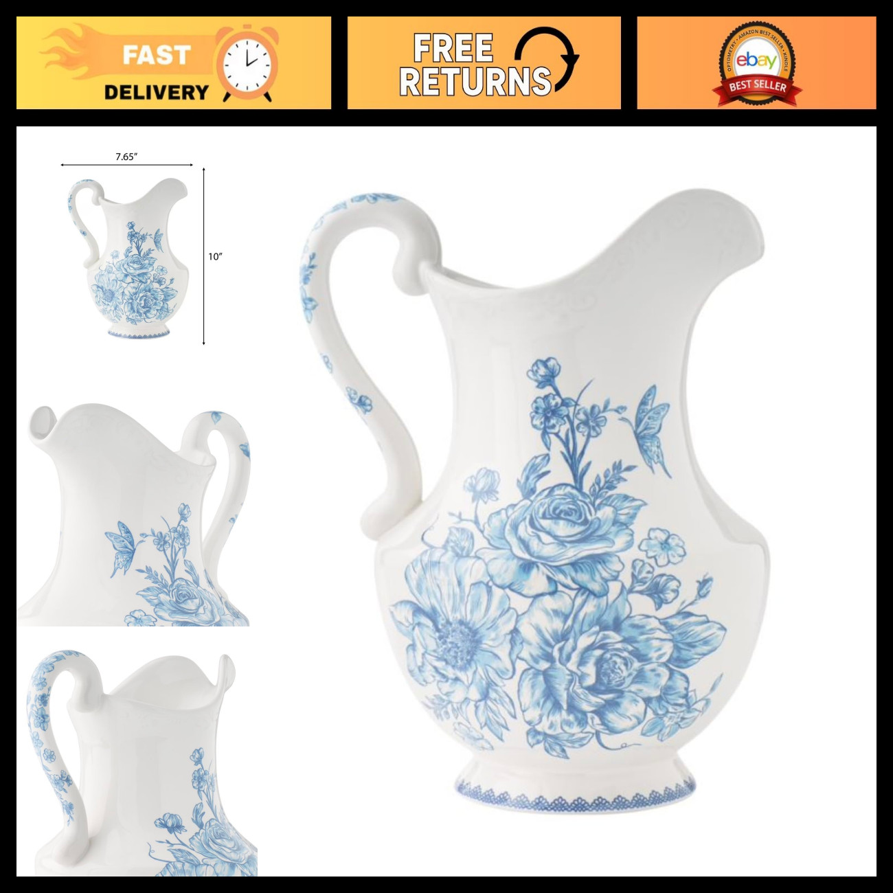 2-Quart Blue Stoneware Pitcher - Perfect for Serving Beverages & Home Decor