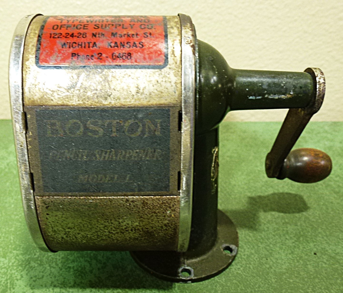 1930s Vintage Boston Model L Manual Pencil Sharpener, Working, Wichita Kansas