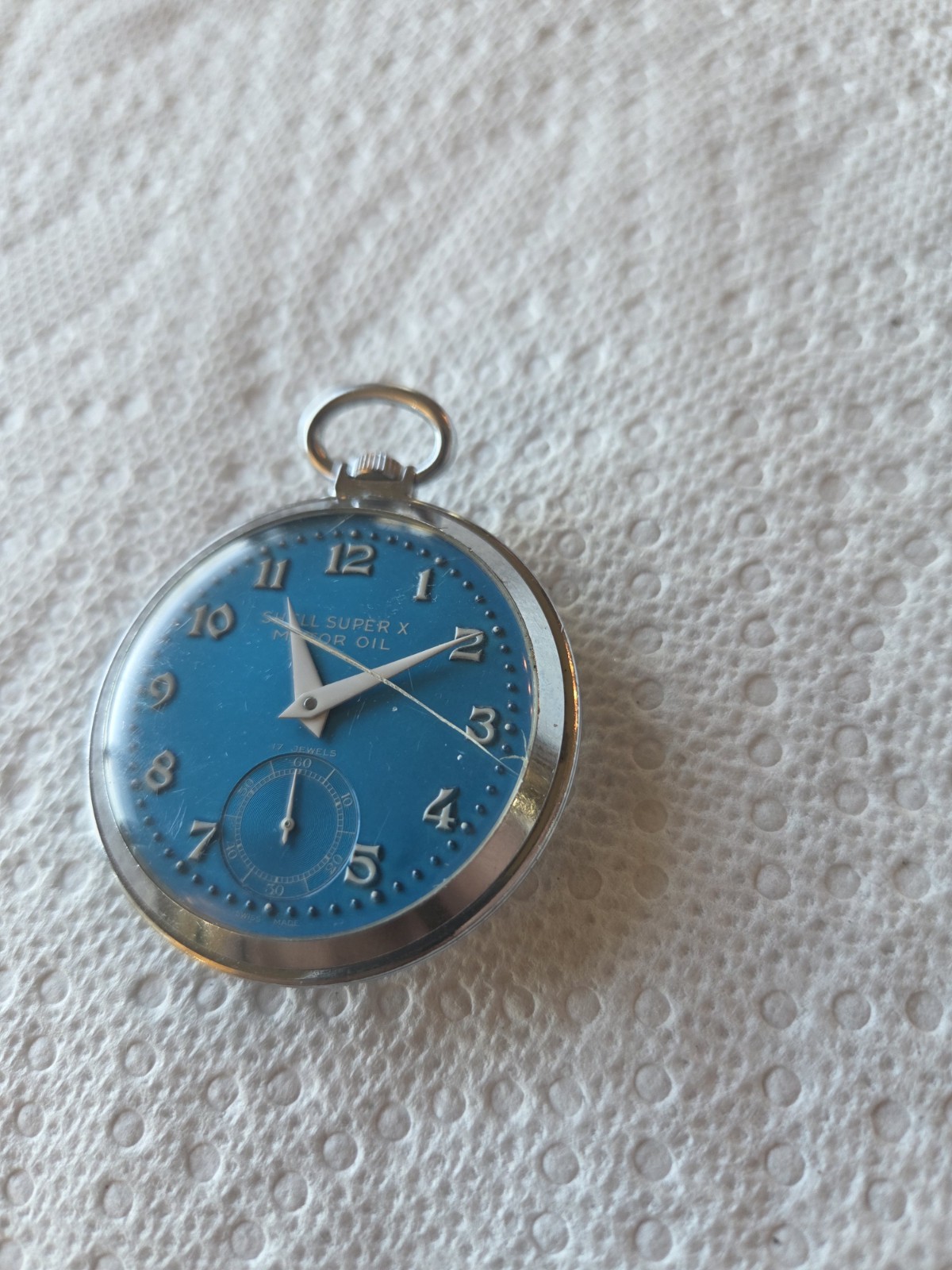 ~VTG SHELL SUPER X MOTOR OIL 17 JEWEL CLINTON SKELETON POCKET WATCH ESTATE FIND~