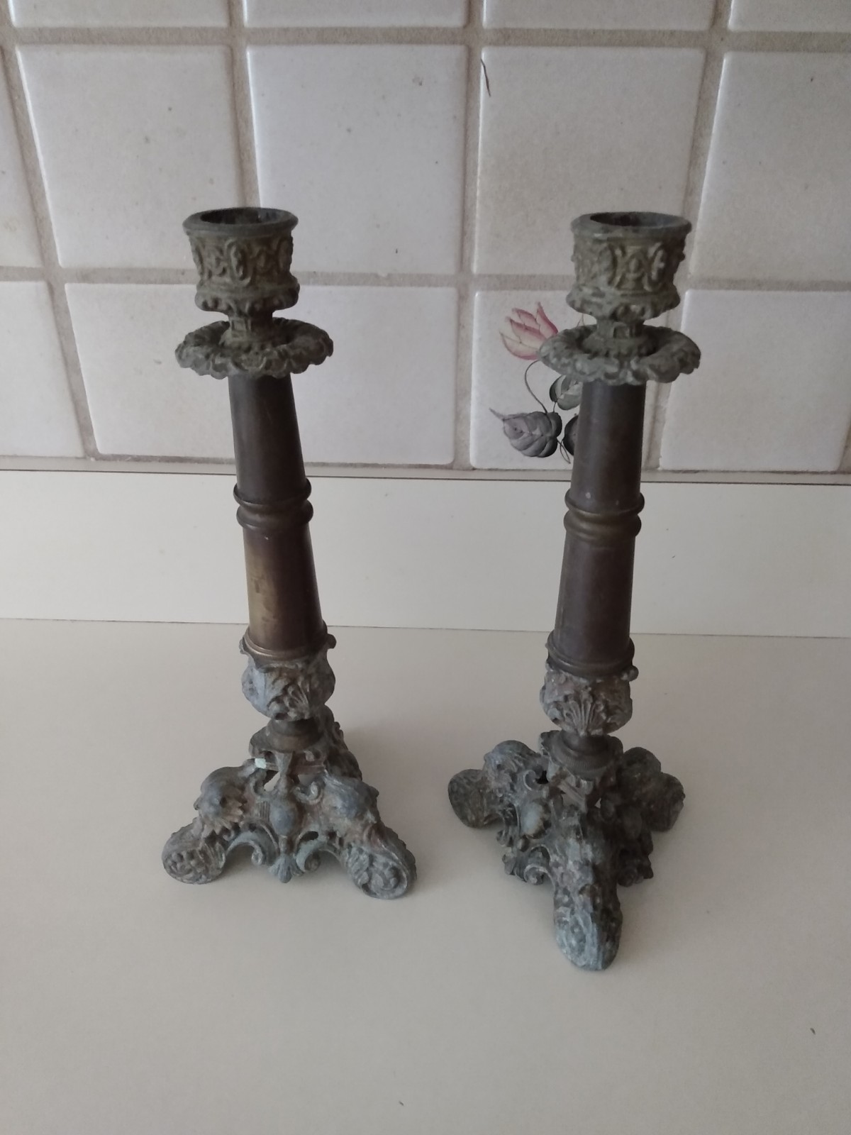 Antique Heavy Patina Baroque Bougeior Candlesticks Holders Figural Faces PairSet