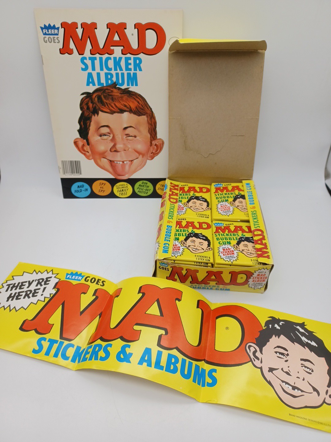 1983 Fleer Mad Magazine Stickers Wax Box 36 Packs, Sticker Album & RARE Poster