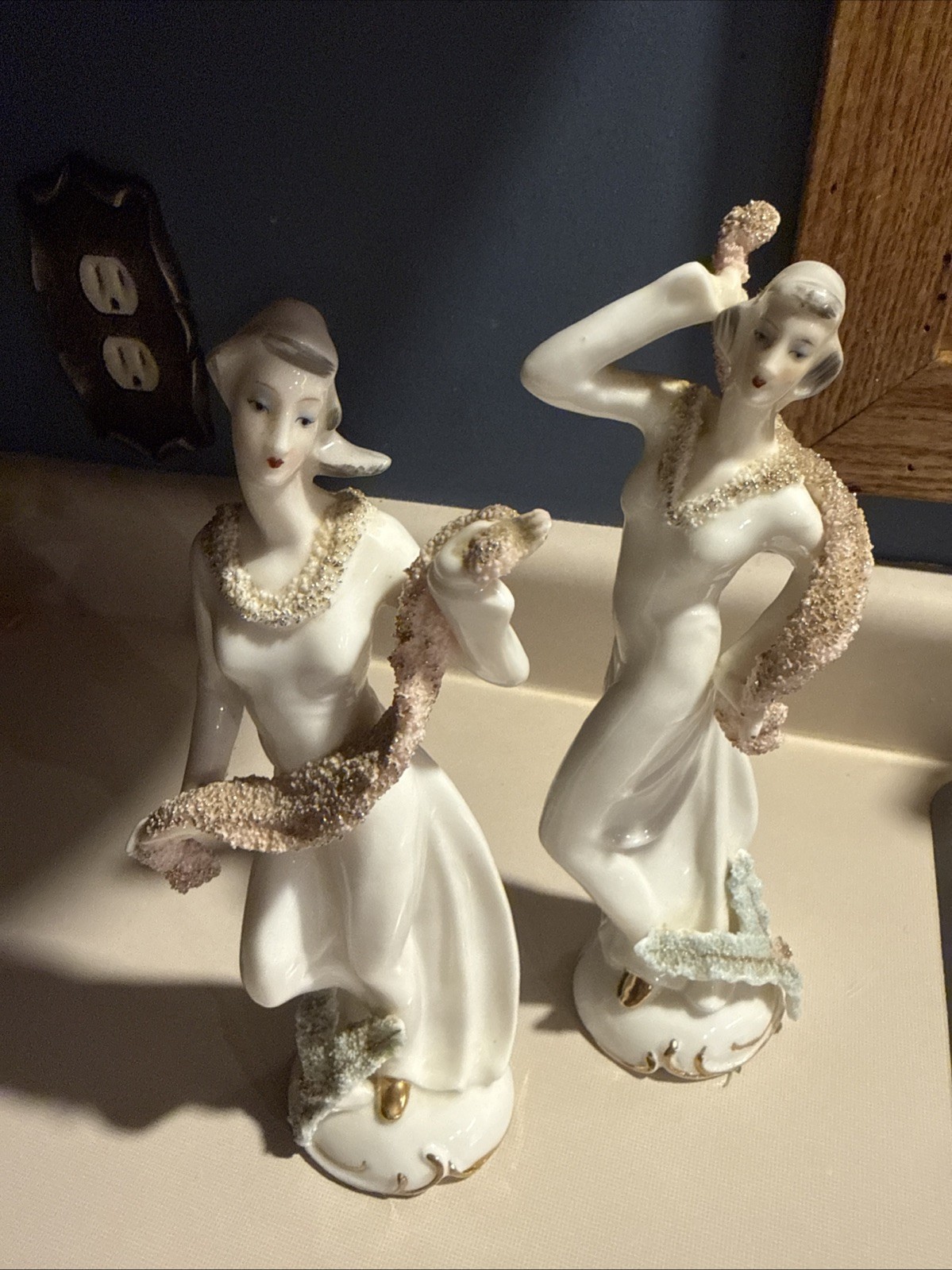 RARE Lefton Fancy Ladies Women Figurines Porcelain with SPAGHETTI TRIM Vintage