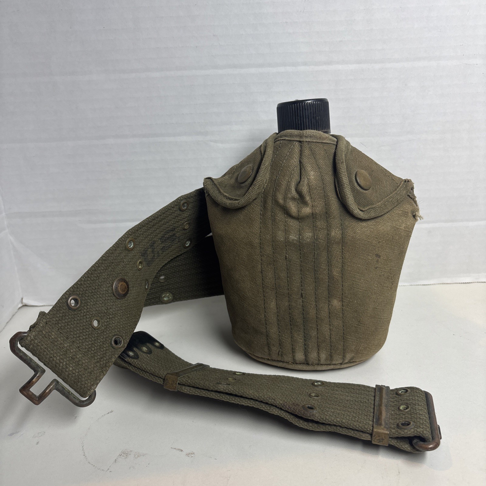 Vintage US Military Canteen w/ Canvas Cover & Web Belt Strap Marked S MCO 1943