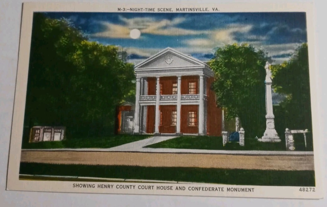 Night Scene Martinsville VA Courthouse Confederate Monument Linen Postcard
