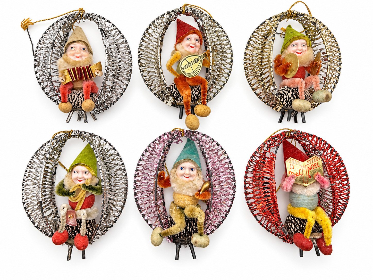 Vintage Shiny Brite Style Japan Musical Elf Ornaments Set of 6