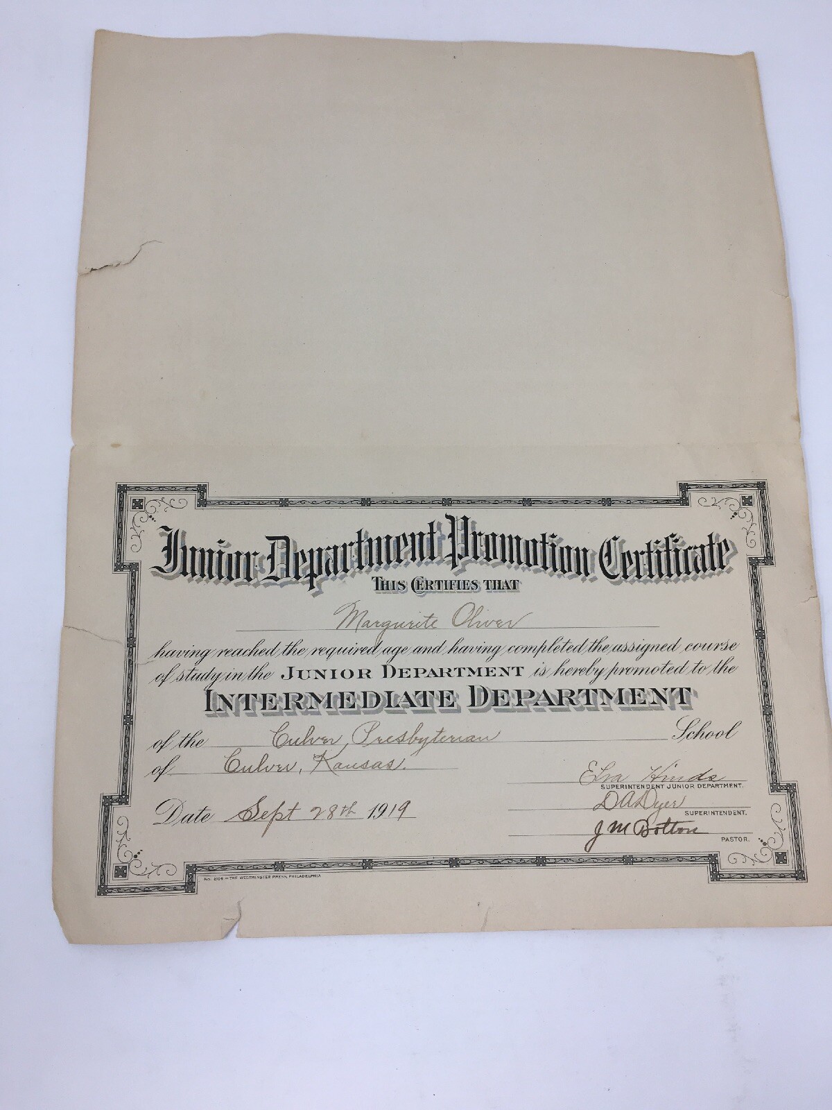 1919 Presbyterian School Promotion Certificate Junior Department Antique