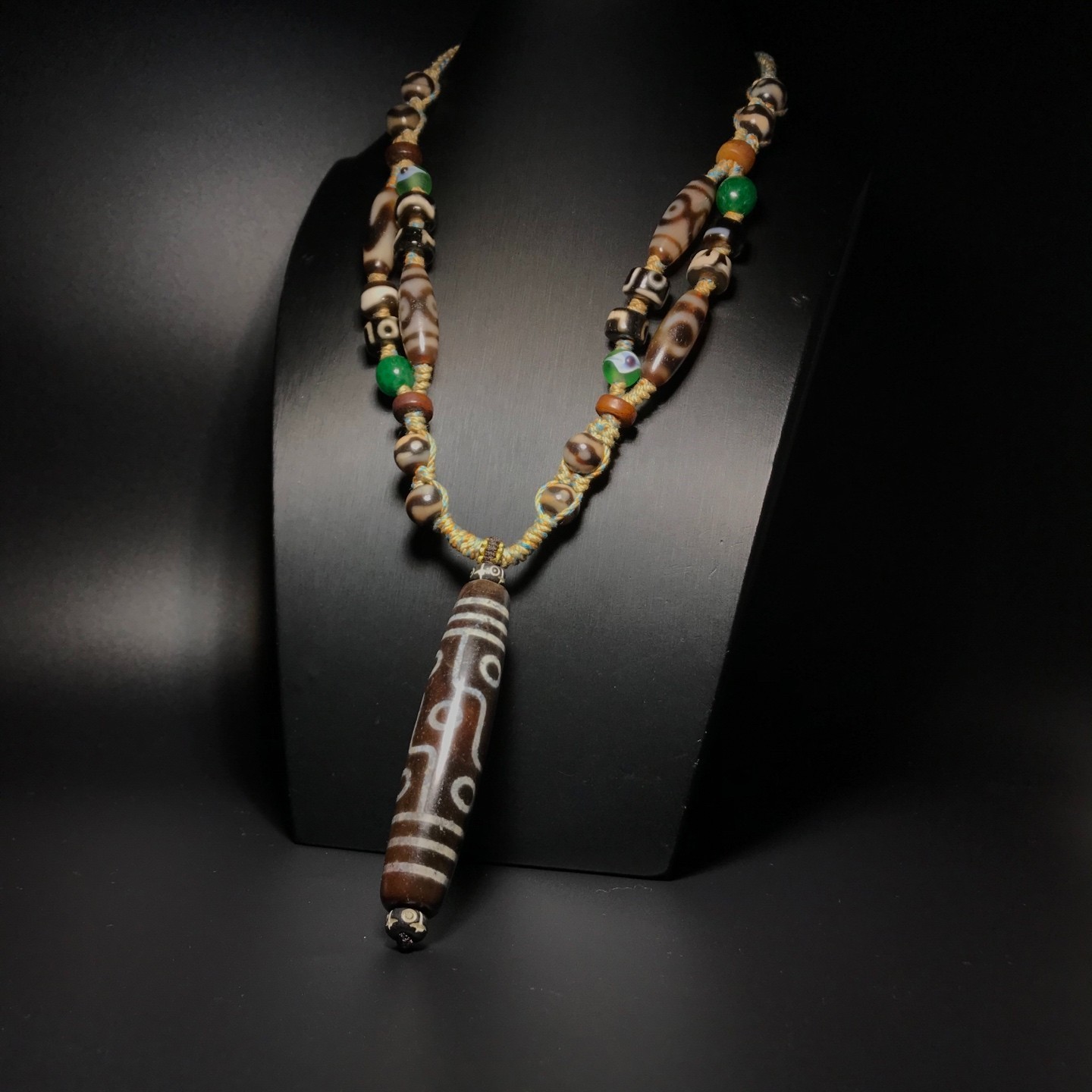 Vintage Tibetan Old Agate Dzi Bead 9 Eye Amulet Necklace Pendant 16×77mm