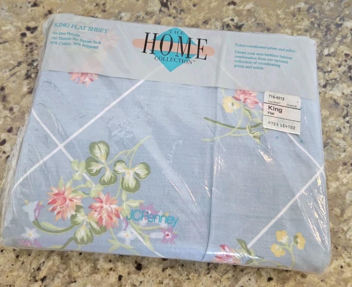 JCPenney Vintage Home Collection King Size Flat Sheet Blue Floral Christina NEW
