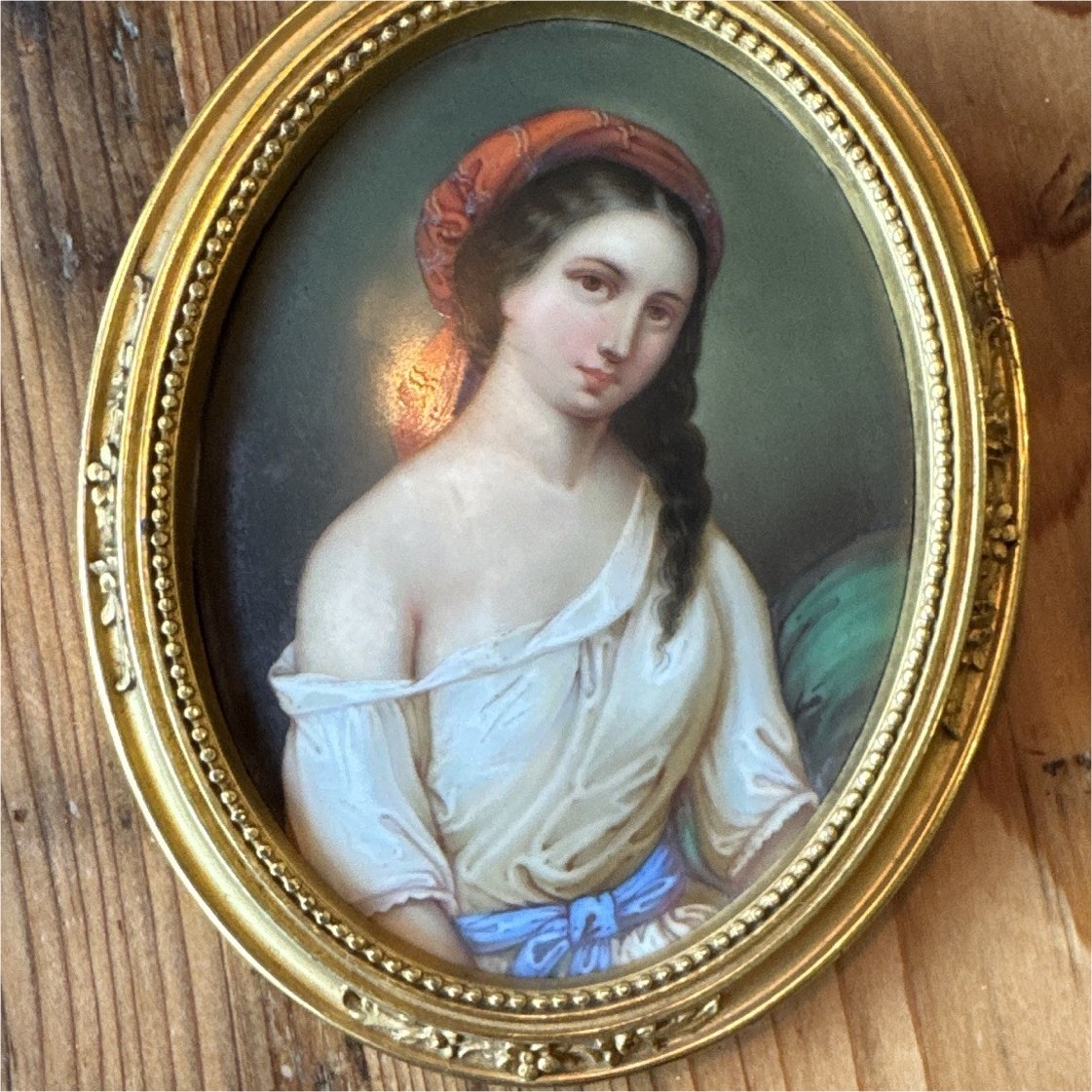 Antique 19th C Oval Portrait Miniature Young Woman Red Scarf Gilt Frame Painting