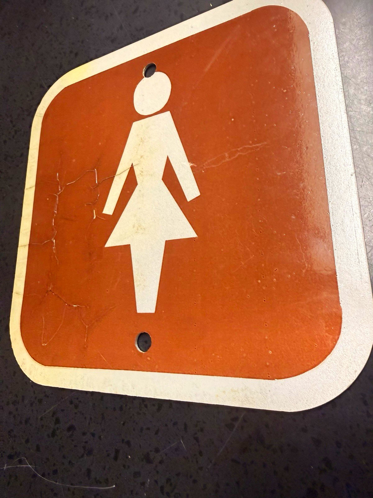Vintage USFS Restroom Women Symbol Metal Sign Brown/White w/2 Mounting Holes Vintage USFS Restroom Women Symbol Metal Sign Brown/White w/2 Mounting Holes