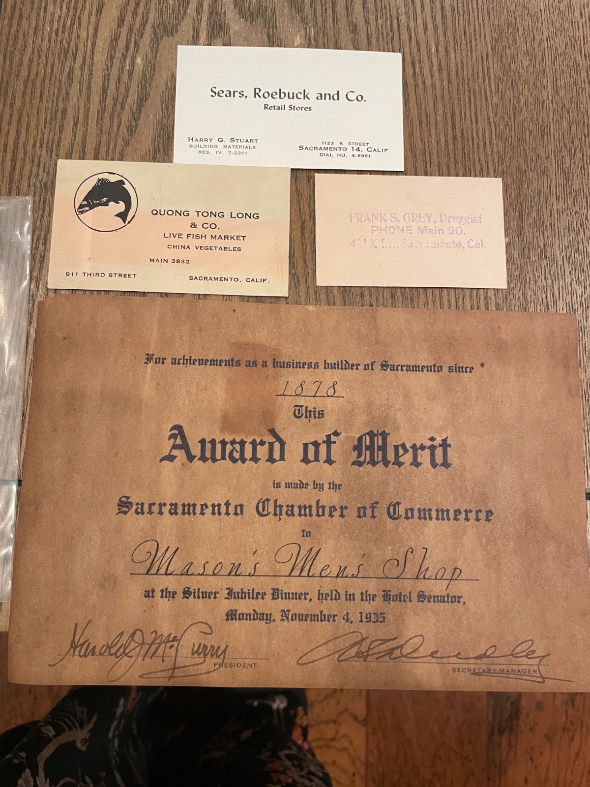 Vintage 1930s-1940s Sacramento Business Cards Award Certificate & Ephemera Set