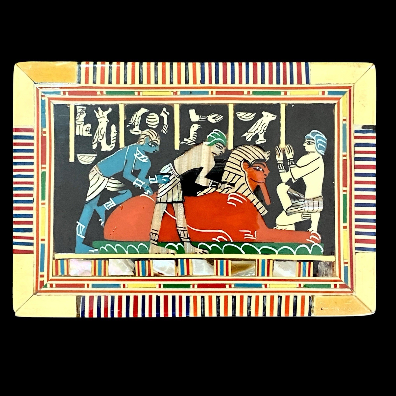 VTG Egyptian Revival Inlaid Mother of Pearl Wood Jewelry Box Sphinx Blue Velvet