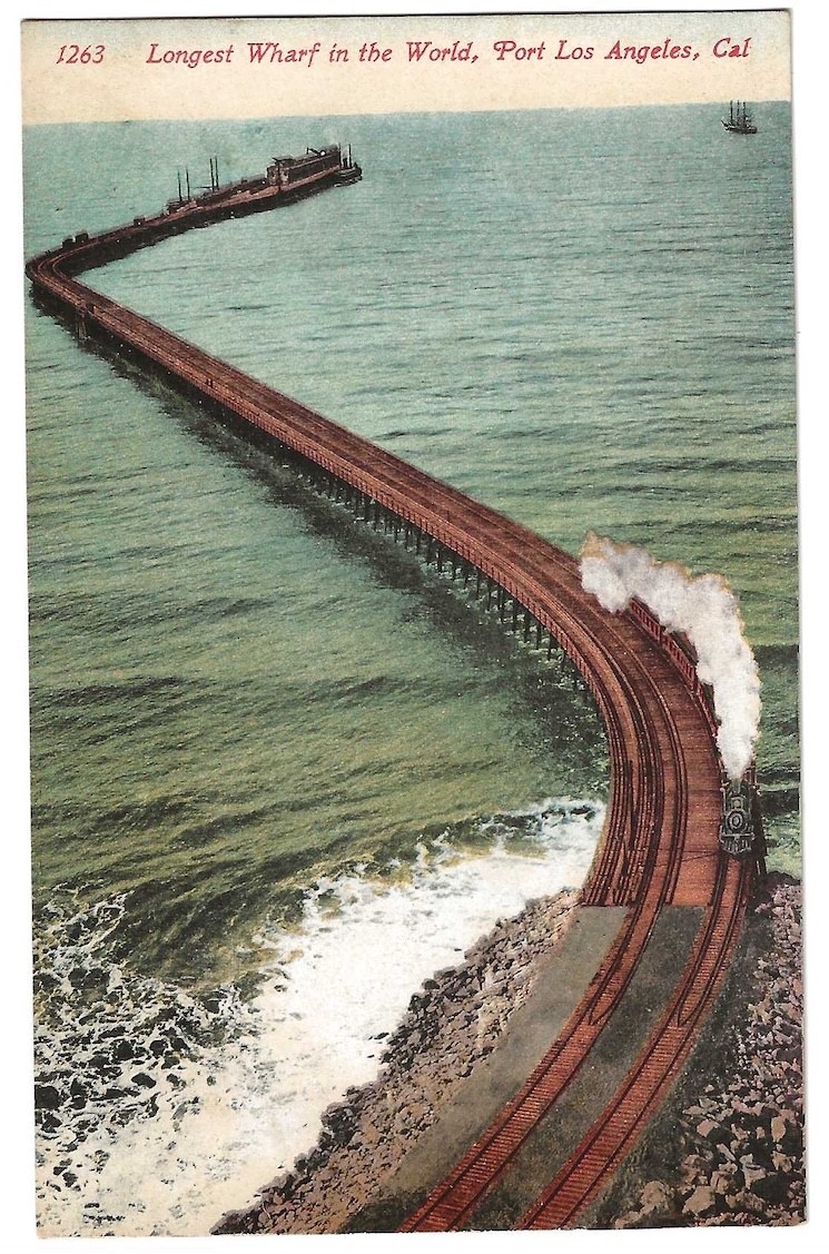 Los Angeles California c1910 Long Wharf at Port, Pacific Ocean, railroad train