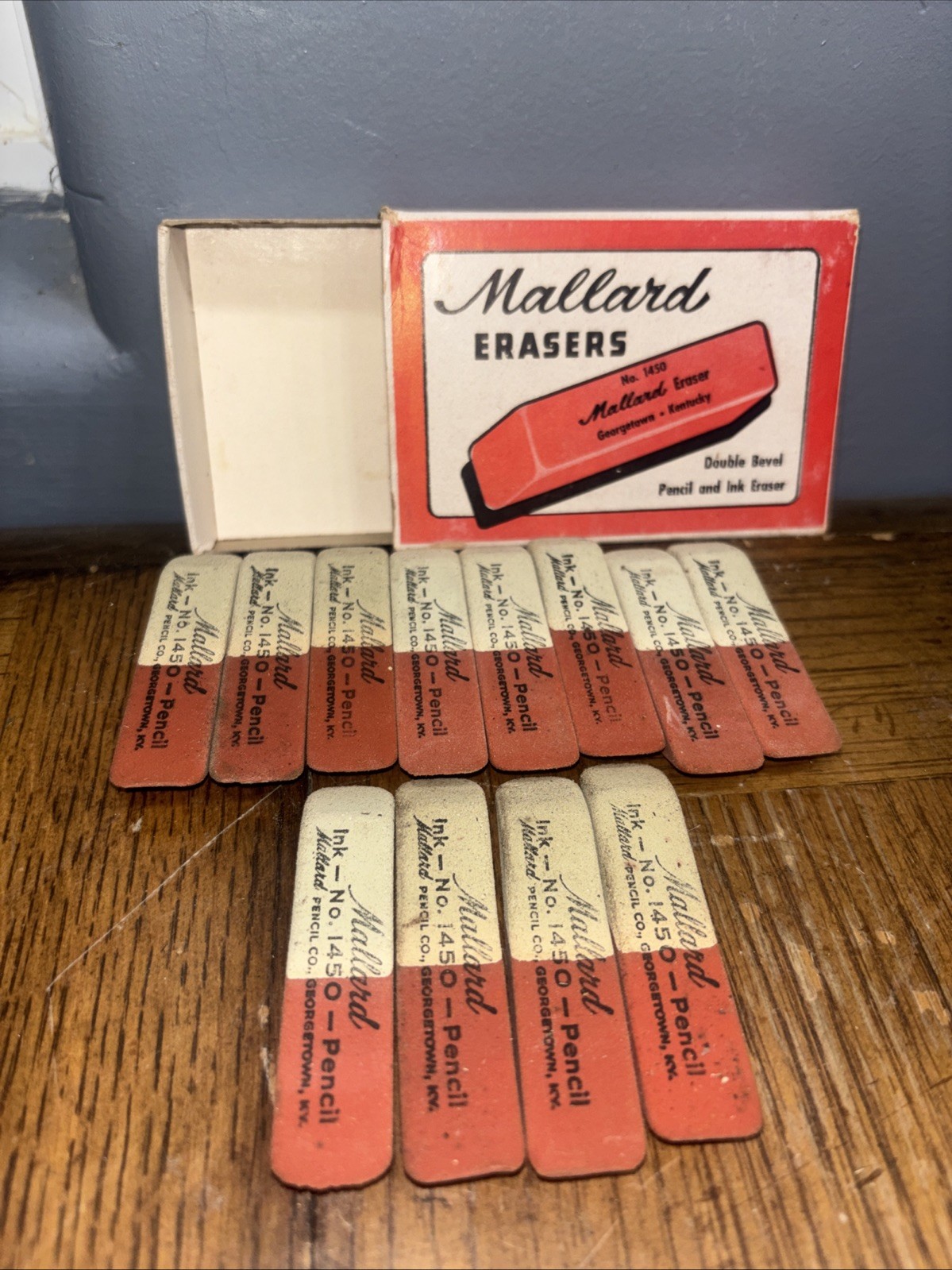Vintage Set Of 12 & Box Mallard No. 1450 Double Bevel Pencil & Ink Erasers