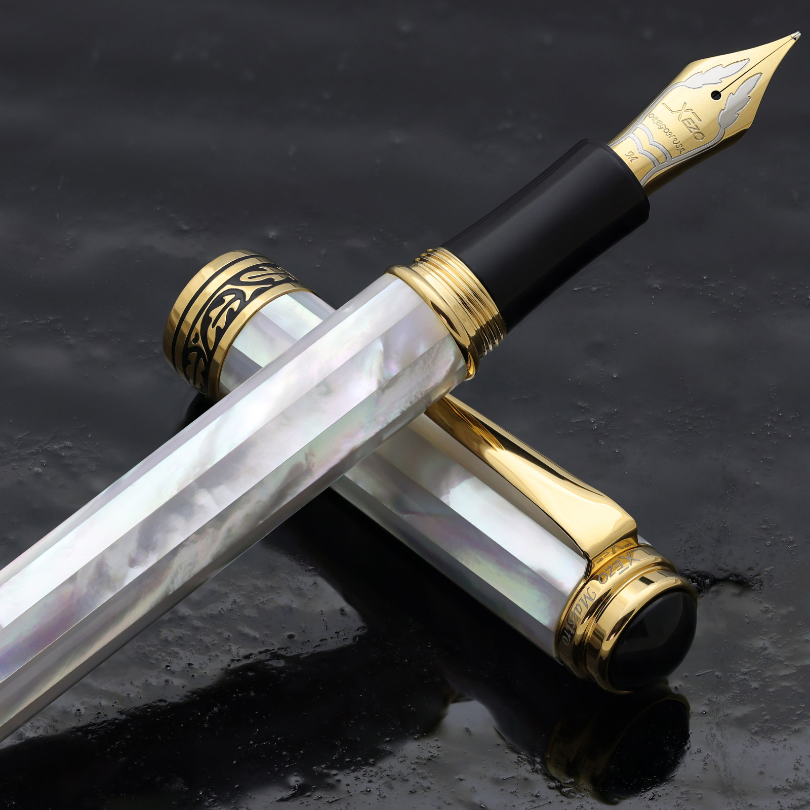 Xezo Maestro White MOP Med-Fine Fountain Pen, 18K Gold Plated. Handmade, LE