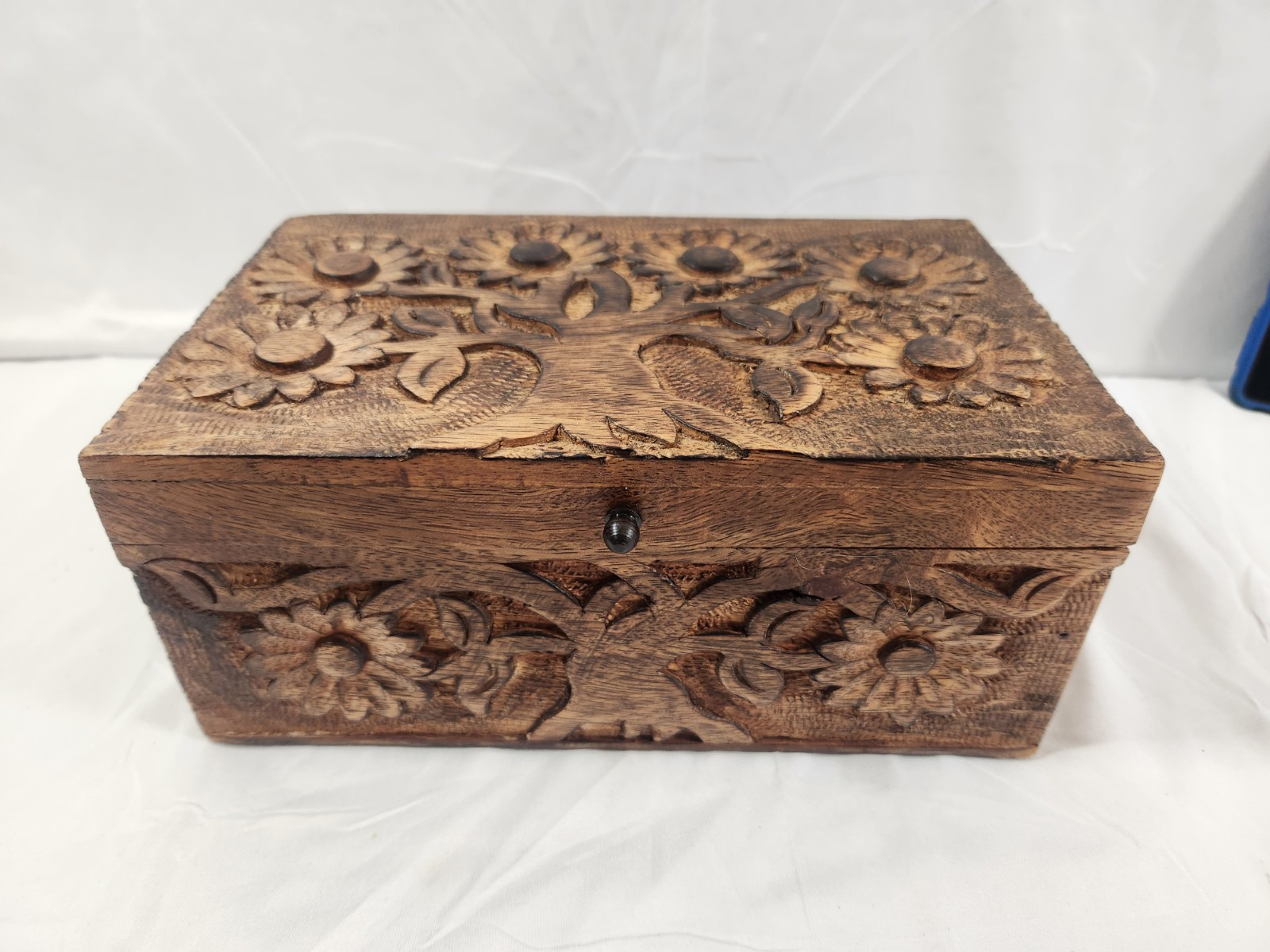 Vintage Hand Carved Wooden Jewelry Box Keepsakes Floral Tree Of Life Trinket_BD