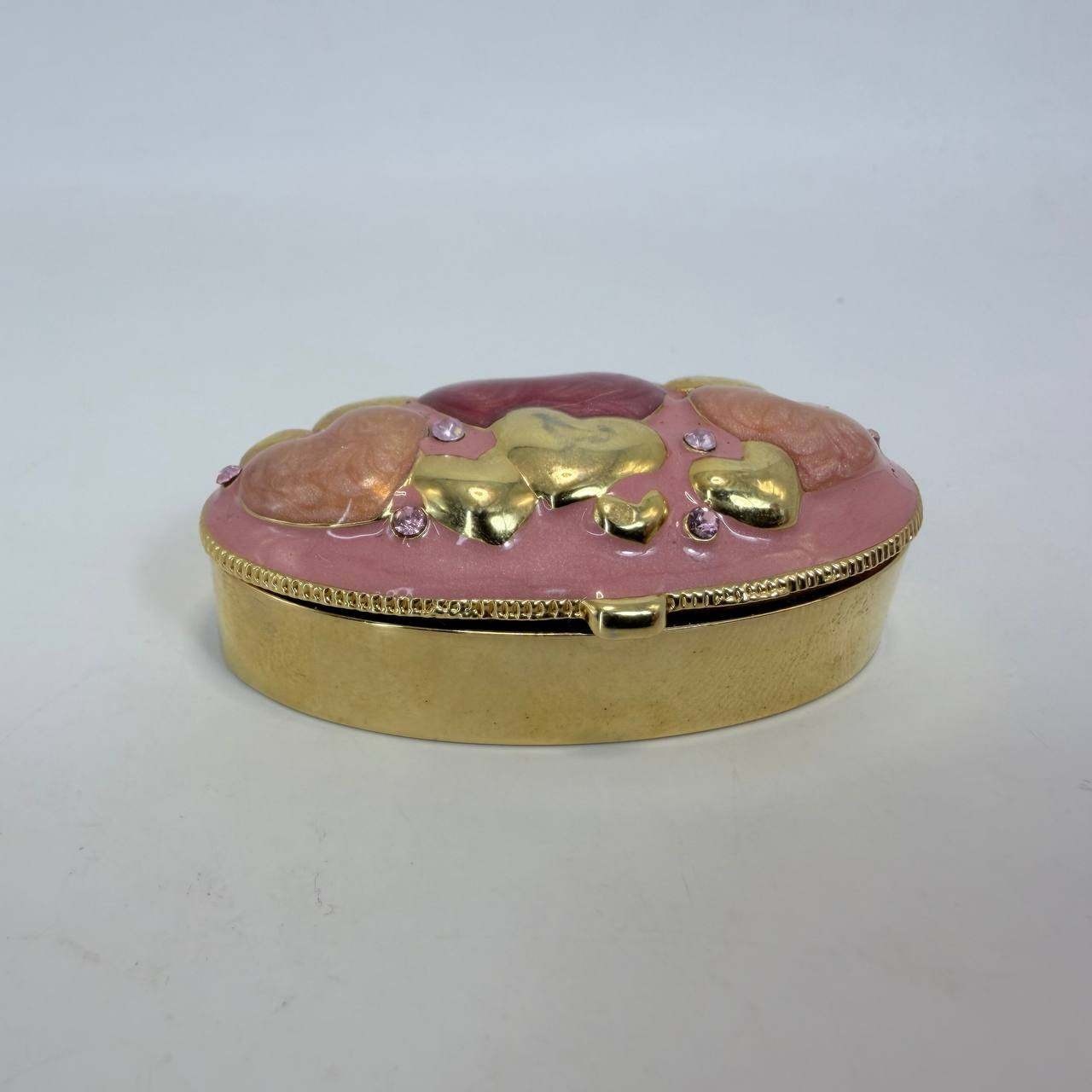 Vintage Pink Enamel Heart Trinket Box Gold Tone Rhinestone Hinged Pill Case